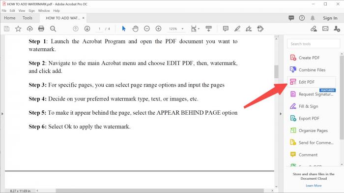 how to add watermark to pdf with Acrobat step 2